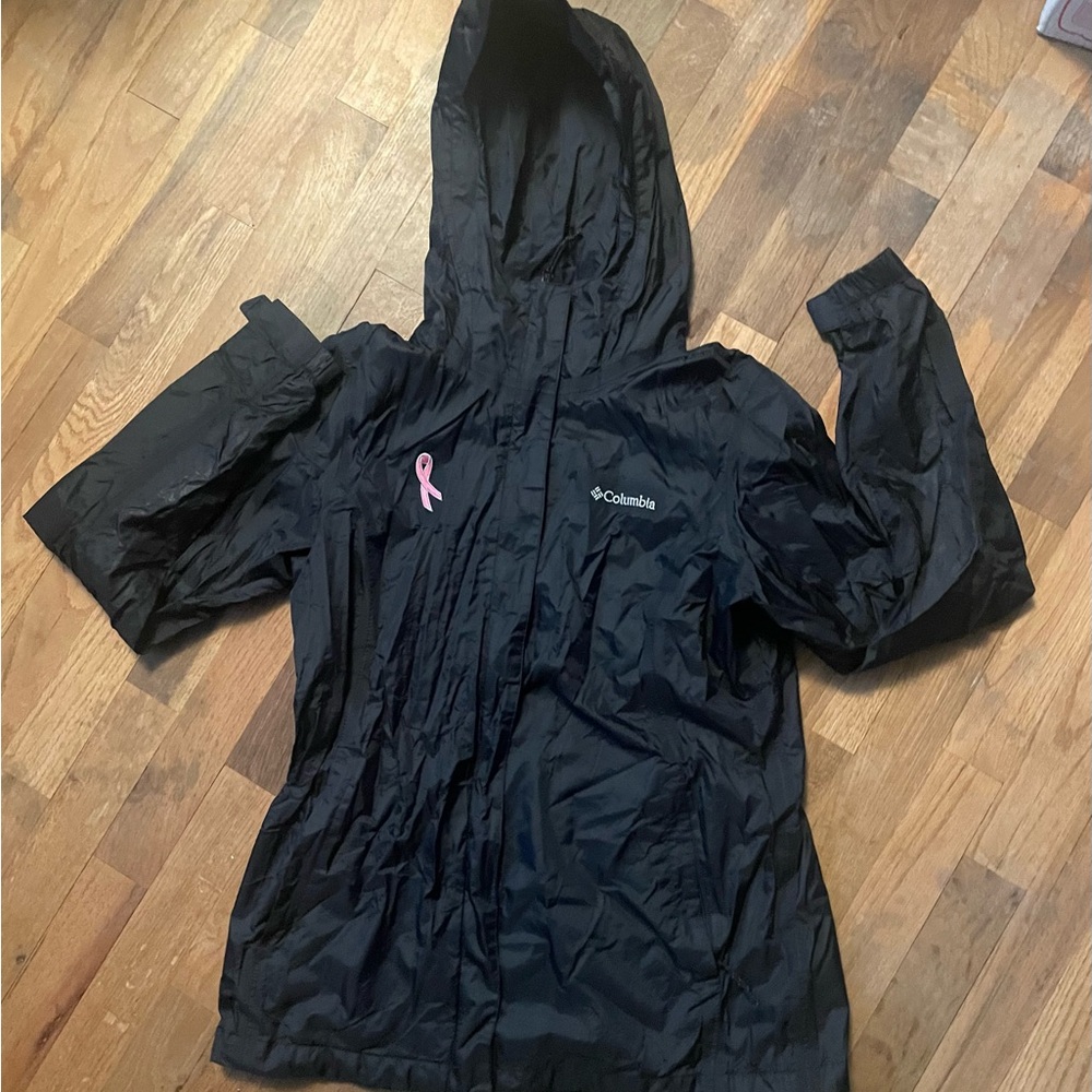 Columbia Black Hooded Windbreaker with Pink Ribbon Accent
